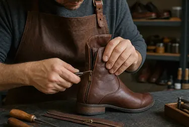 Sapateiro consertando o zíper de uma bota.