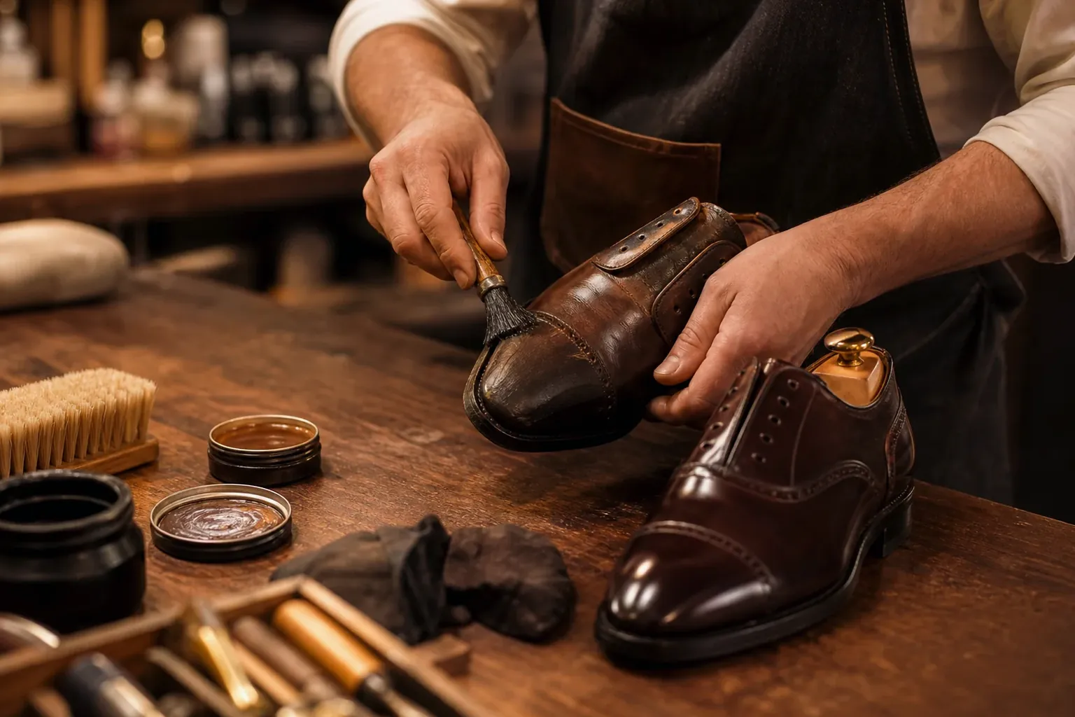 Sapateiro reformando sapatos sociais.