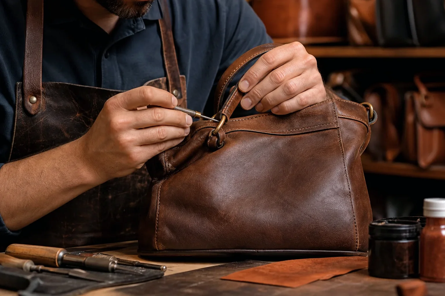 Sapateiro reformando uma bolsa de couro.